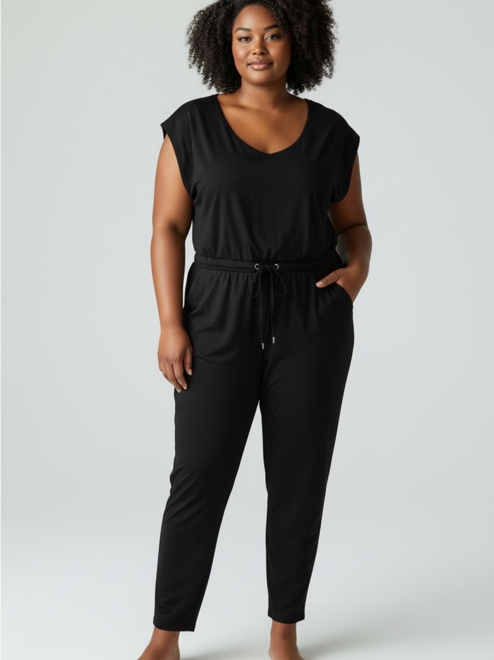 219 Express Black V-Neck Drawstring Jumpsuit